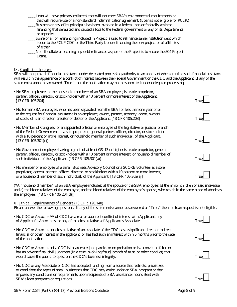 SBA Form 2234 (PART C) Eligibility Information Required for 504 Submission (PCLP), Page 8