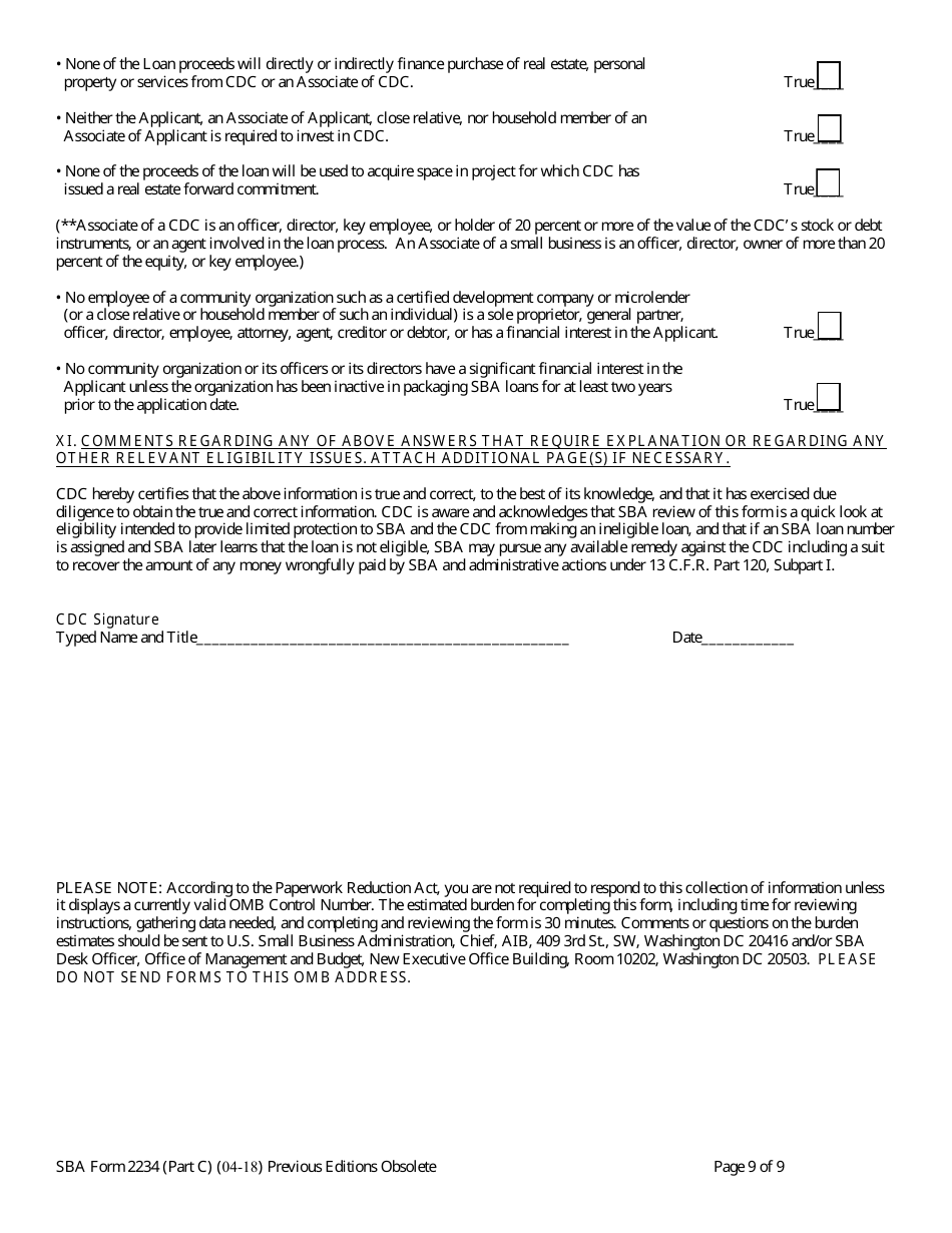 SBA Form 2234 (PART C) Eligibility Information Required for 504 Submission (PCLP), Page 9