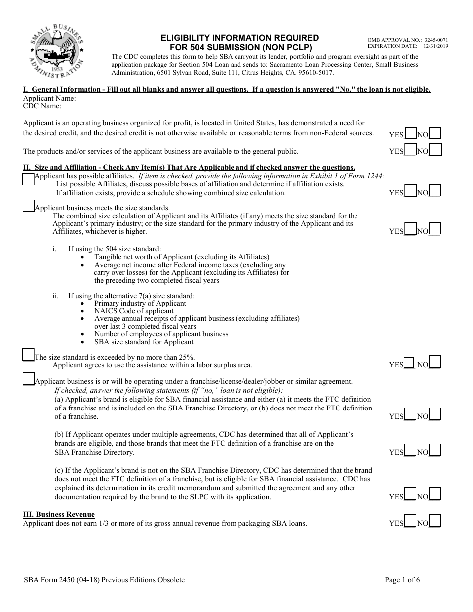 SBA Form 2450 504 Eligibility Checklist (Non-PCLP), Page 1