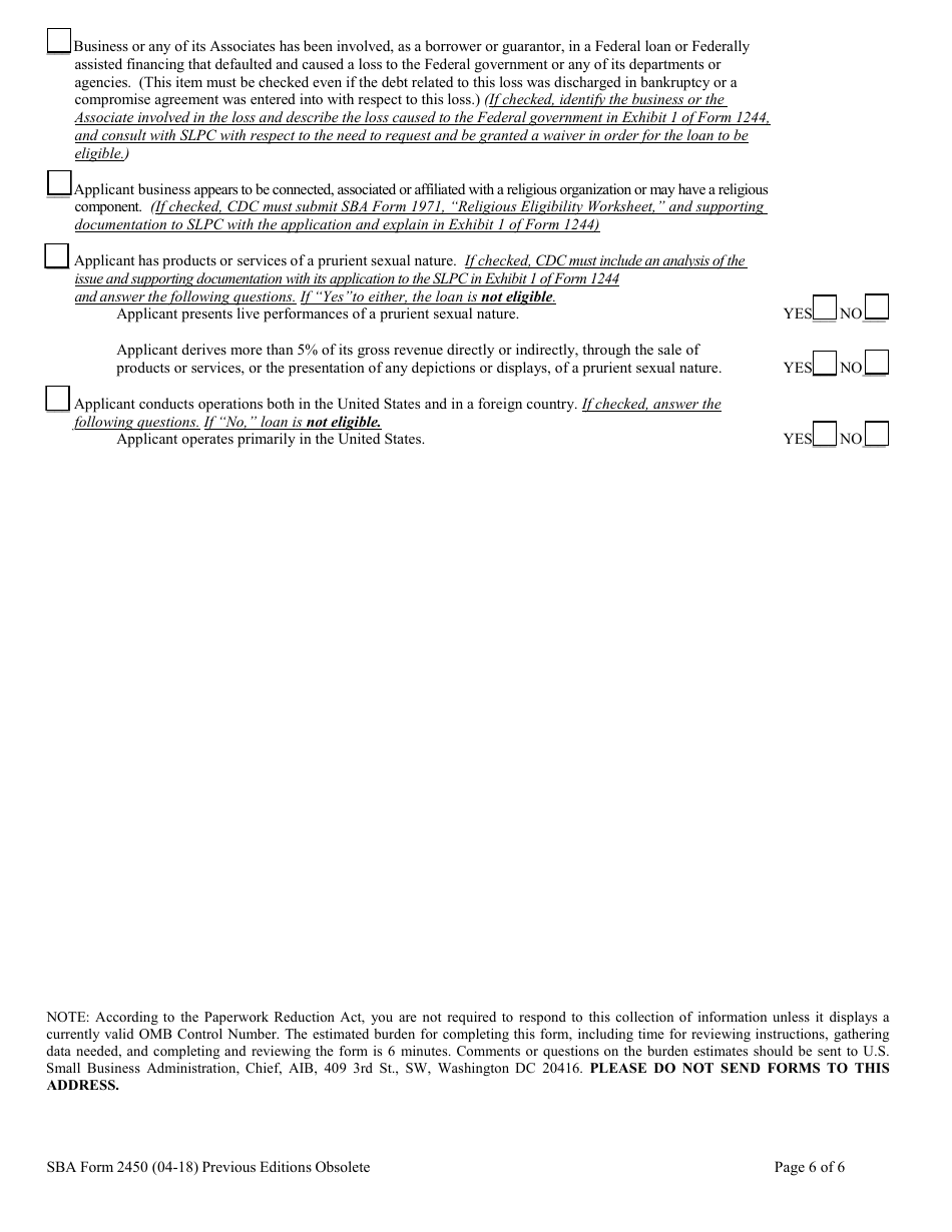 SBA Form 2450 504 Eligibility Checklist (Non-PCLP), Page 6