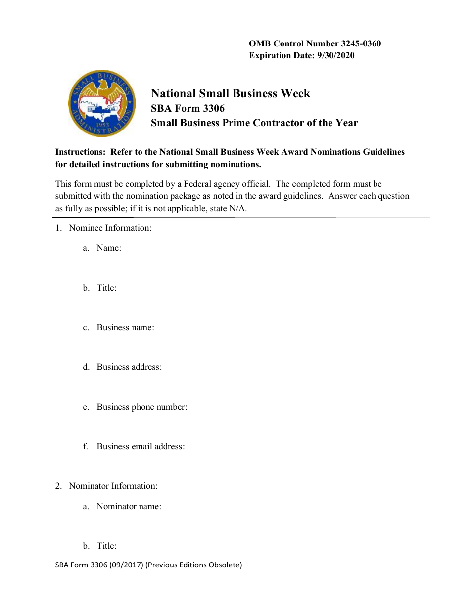 SBA Form 3306 Small Business Prime Contractor of the Year - National Small Business Week, Page 1