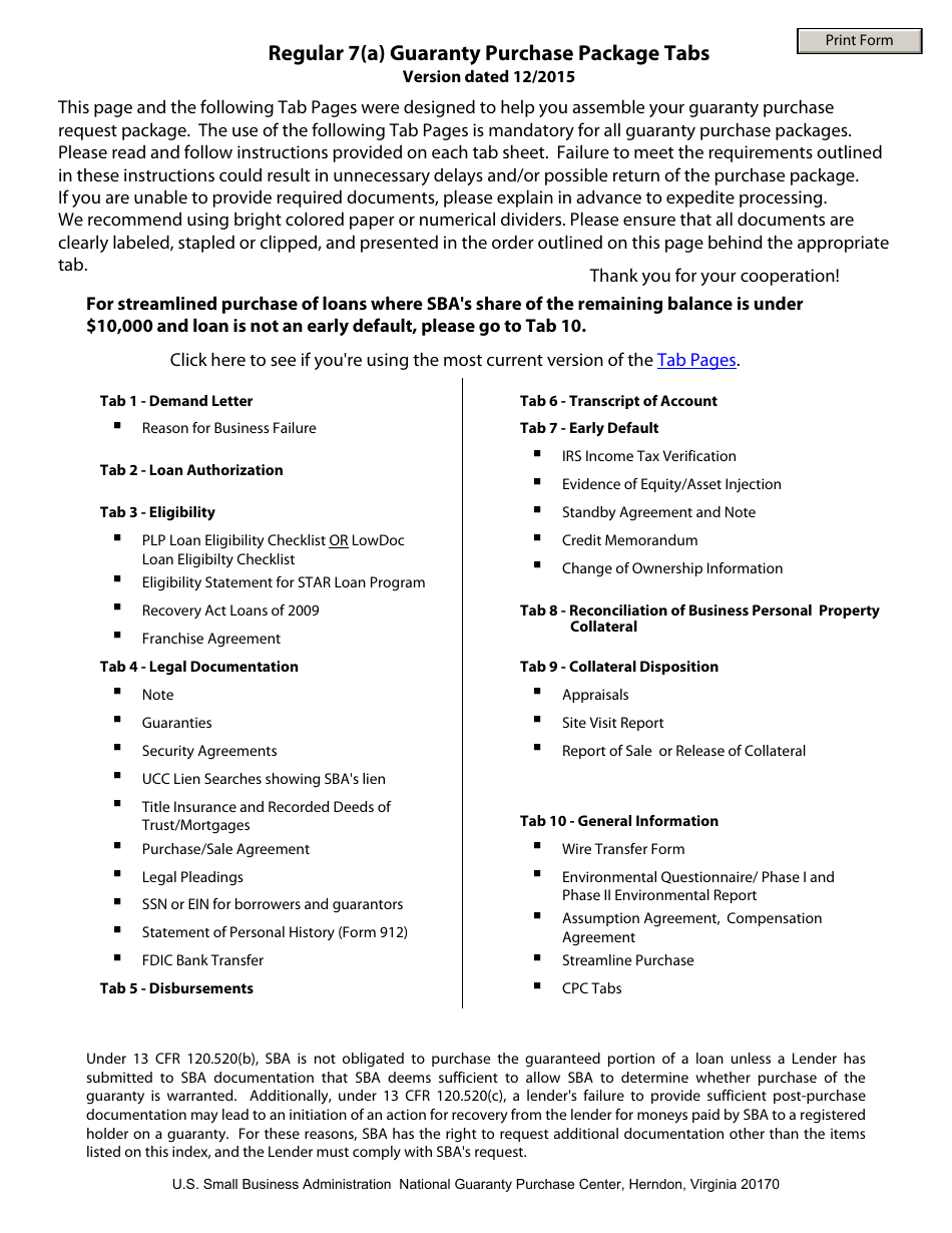 Regular 7(A) Guaranty Purchase Package Tabs, Page 1