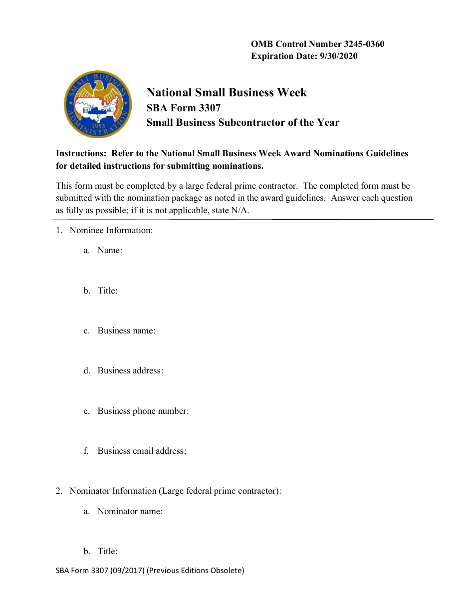 SBA Form 3307 Small Business Subcontractor of the Year - National Small Business Week, Page 1