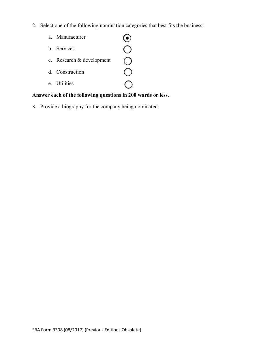 SBA Form 3308 Nomination Form for Dwight D. Eisenhower Award for Excellence - National Small Business Week, Page 2