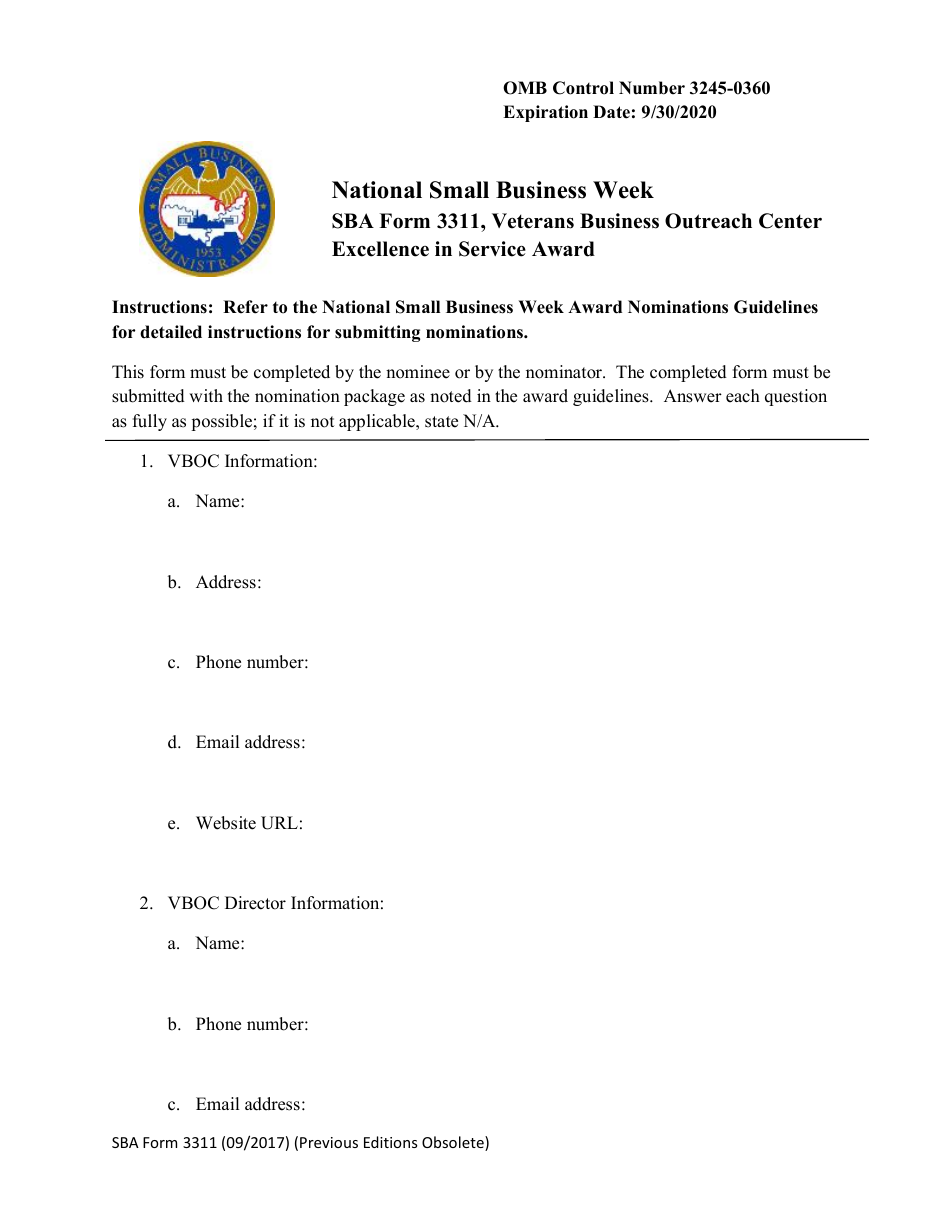 SBA Form 3311 Nomination Form for Veterans Business Outreach Center Excellence in Service Award - National Small Business Week, Page 1
