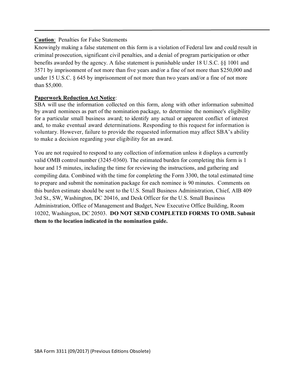 SBA Form 3311 Nomination Form for Veterans Business Outreach Center Excellence in Service Award - National Small Business Week, Page 4