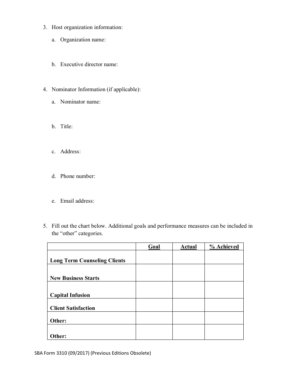 SBA Form 3310 Nomination Form for Small Business Development Center Excellence and Innovation Center Award - National Small Business Week, Page 2