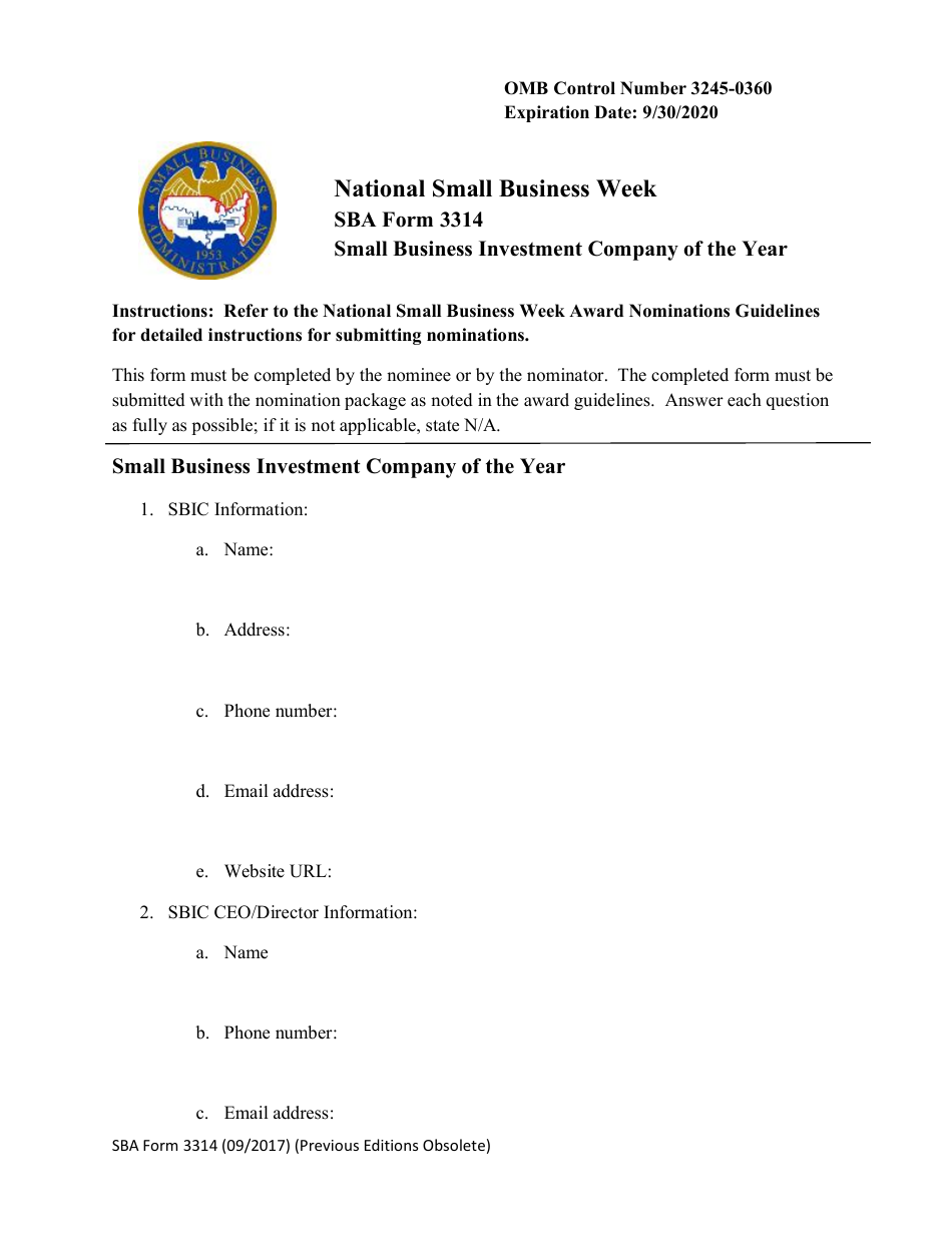 SBA Form 3314 Nomination Form for Small Business Investment Company of the Year Award - National Small Business Week, Page 1