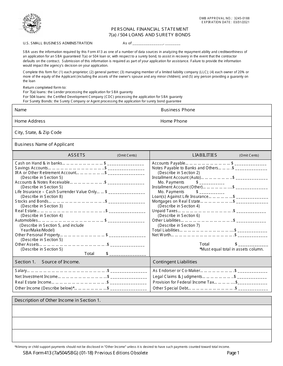 SBA Form 413 Personal Financial Statement - 7(A) / 504 Loans and Surety Bonds, Page 1