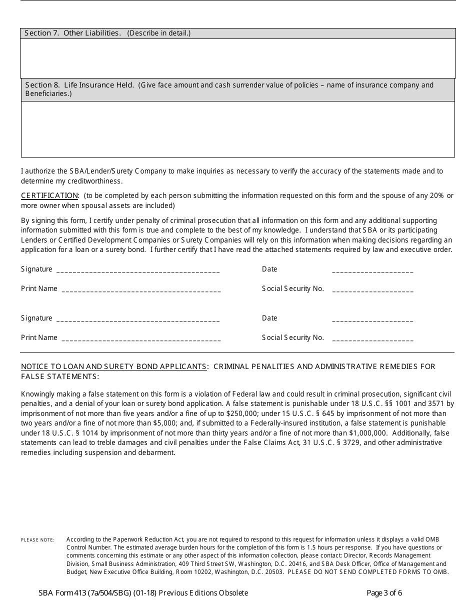 SBA Form 413 Fill Out, Sign Online and Download Fillable PDF