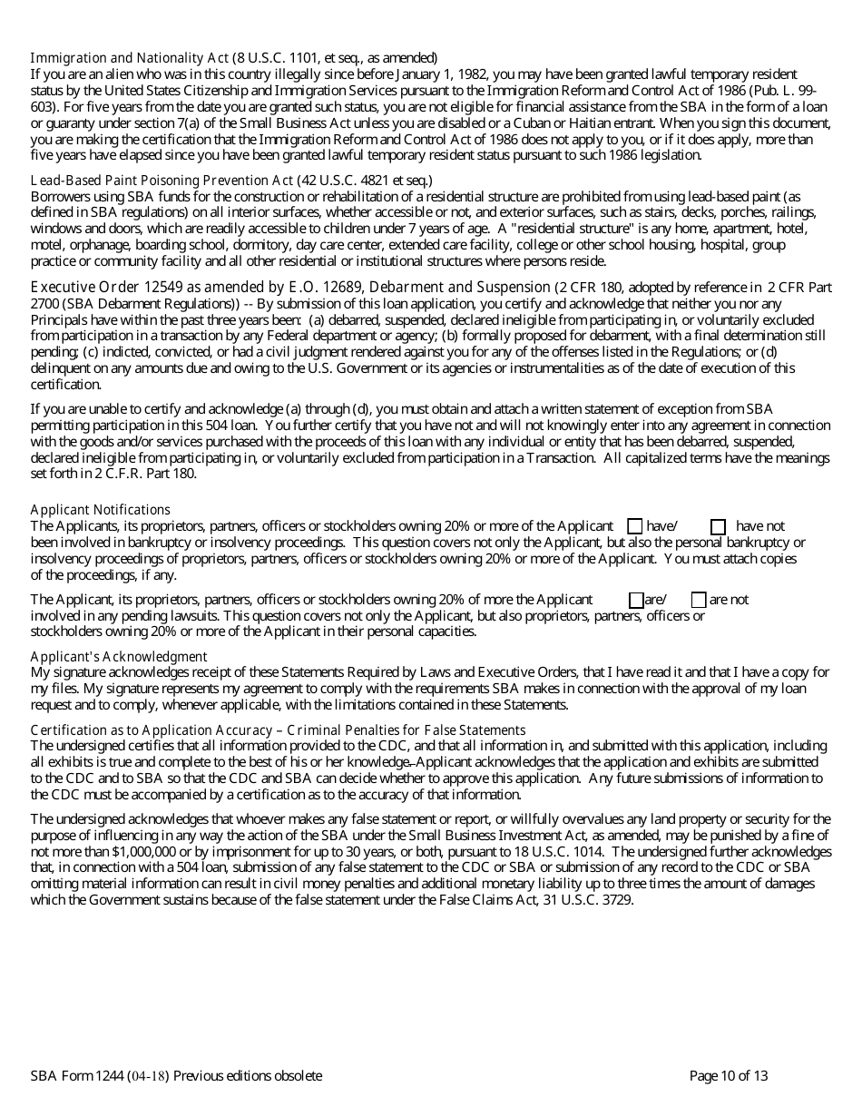 SBA Form 1244 Application for Section 504 Loans, Page 10