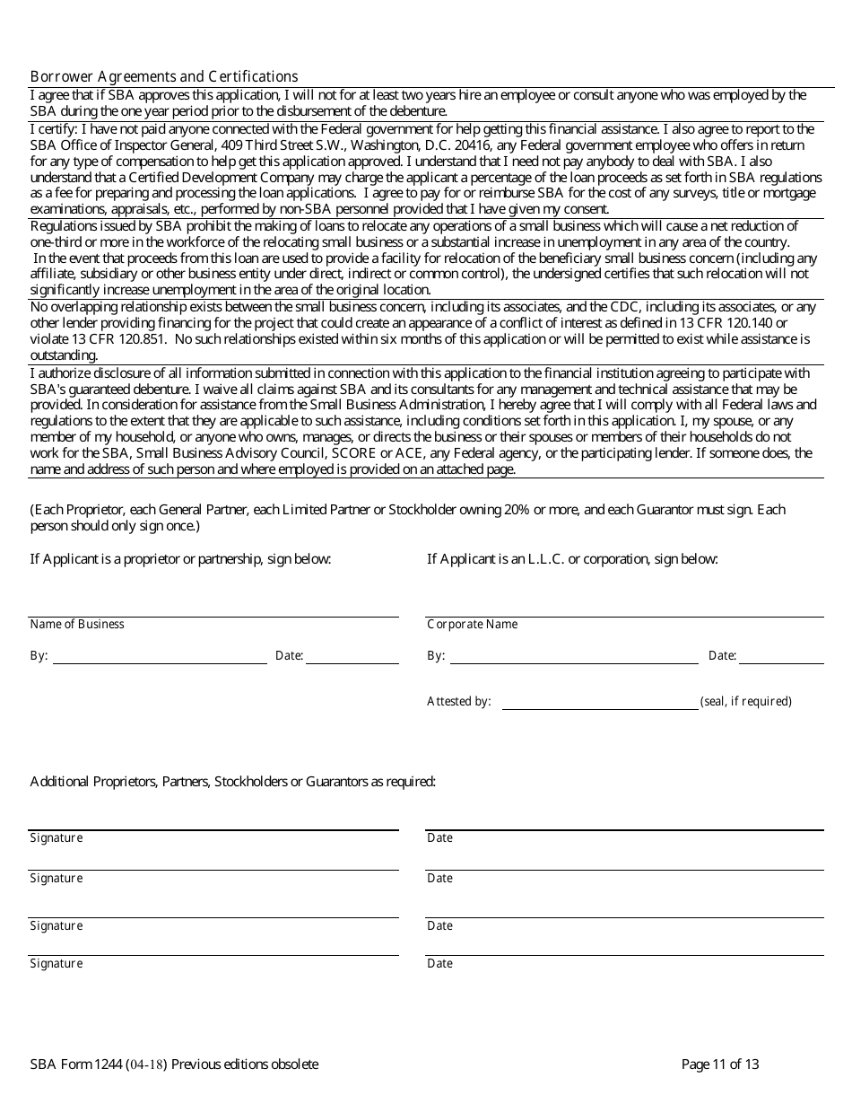 SBA Form 1244 Application for Section 504 Loans, Page 11
