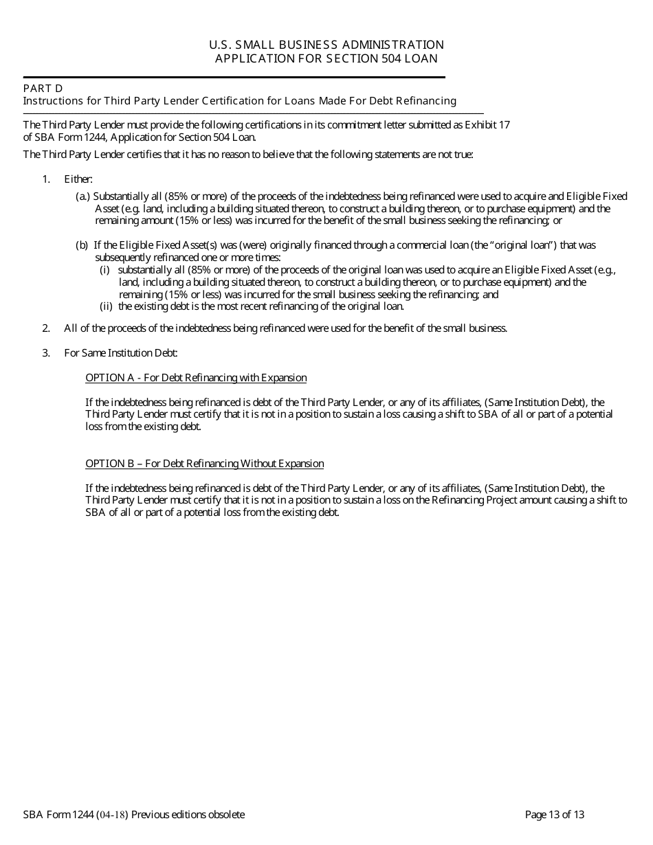 SBA Form 1244 Application for Section 504 Loans, Page 13
