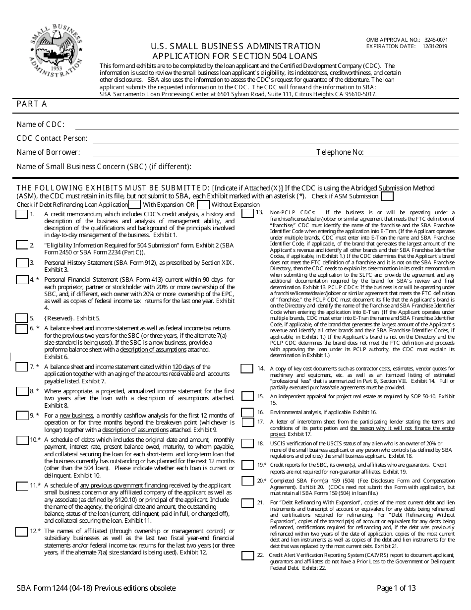 SBA Form 1244 Application for Section 504 Loans, Page 1