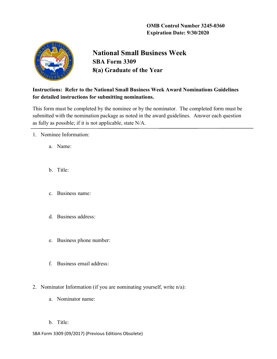 SBA Form 3309 Nomination Form for 8(A) Graduate of the Year Award - National Small Business Week, Page 1