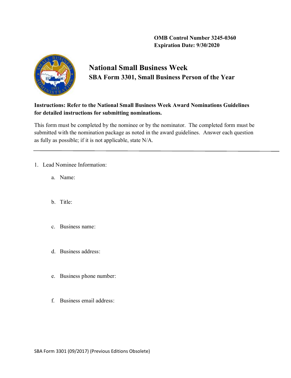 SBA Form 3301 Nomination Form for Small Business Person of the Year - National Small Business Week, Page 1
