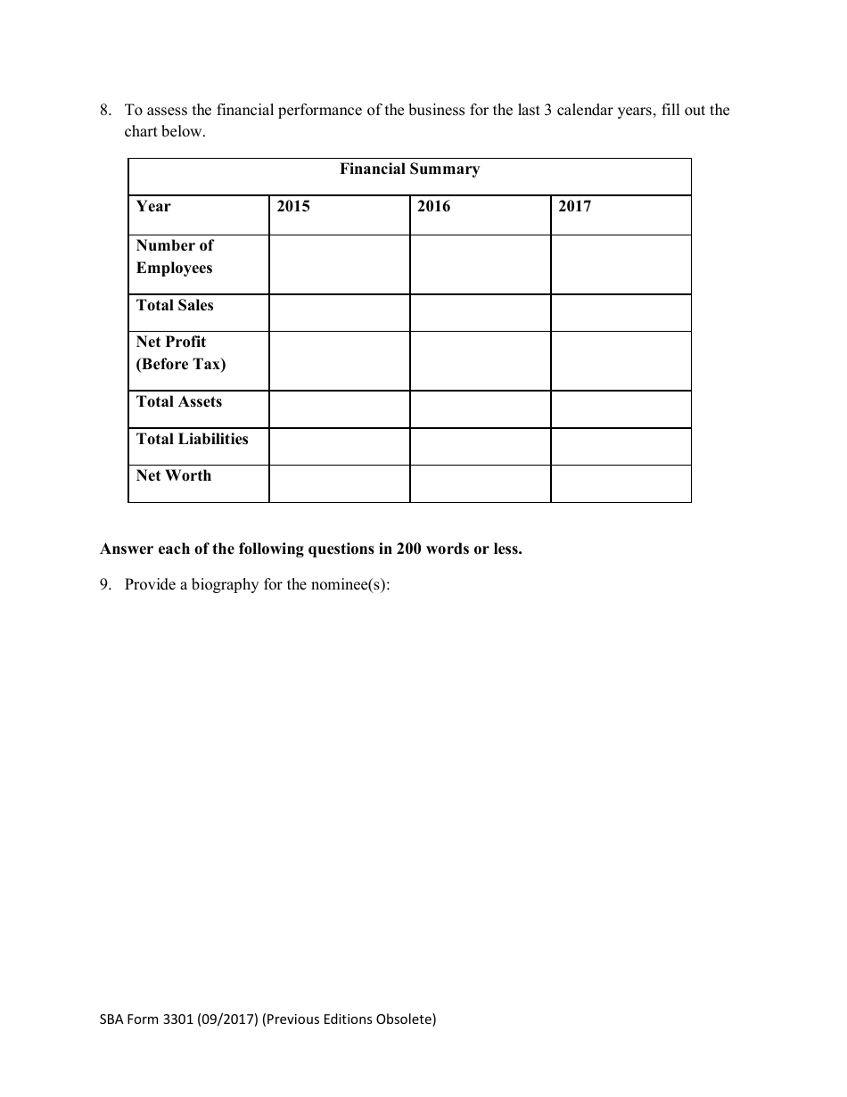 SBA Form 3301 Nomination Form for Small Business Person of the Year - National Small Business Week, Page 3