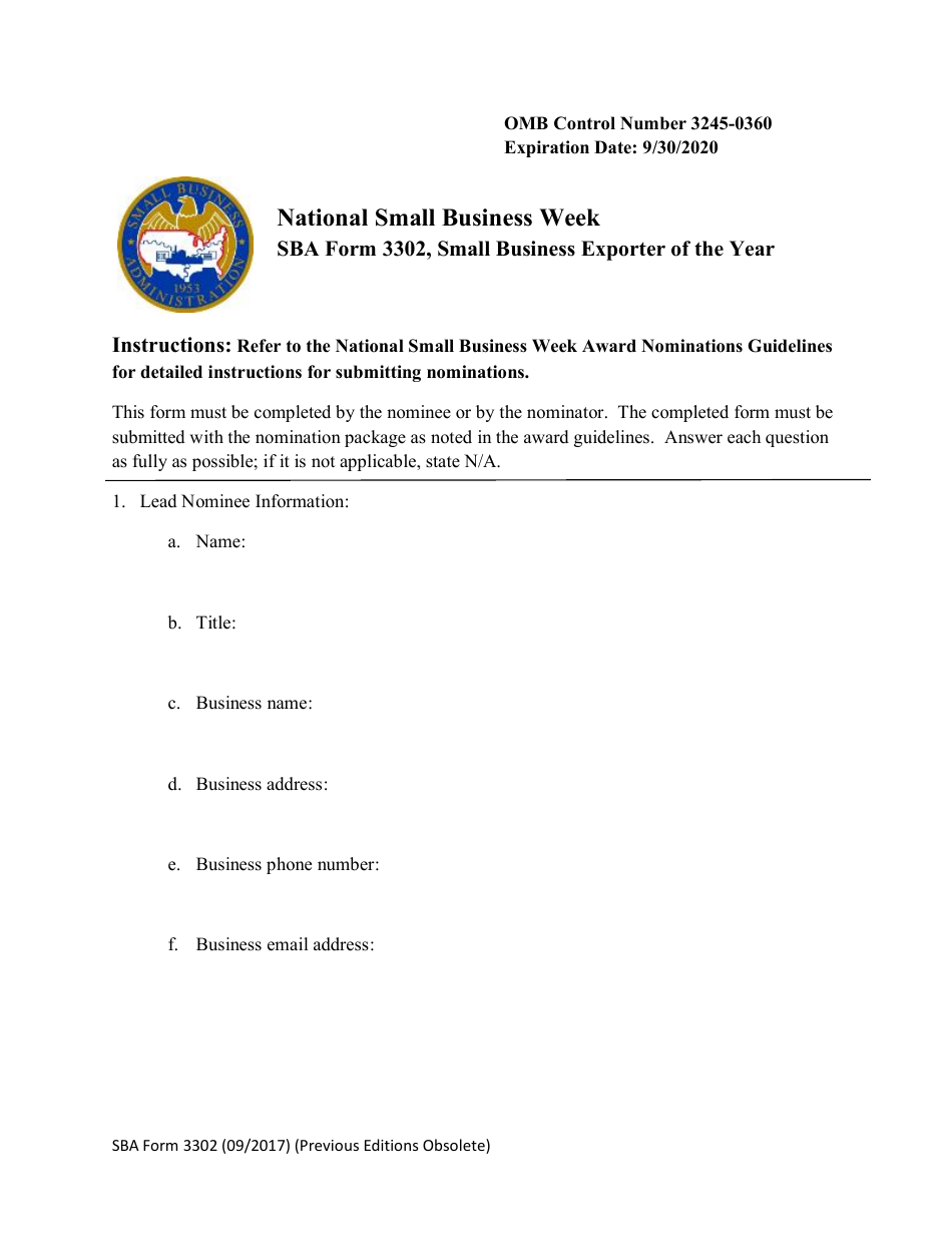 SBA Form 3302 Nomination Form for Small Business Exporter of the Year - National Small Business Week, Page 1