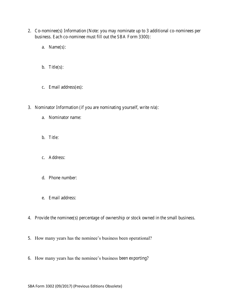 SBA Form 3302 Nomination Form for Small Business Exporter of the Year - National Small Business Week, Page 2