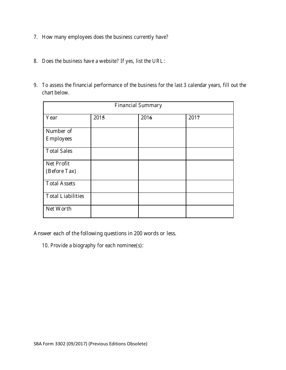 SBA Form 3302 Nomination Form for Small Business Exporter of the Year - National Small Business Week, Page 3