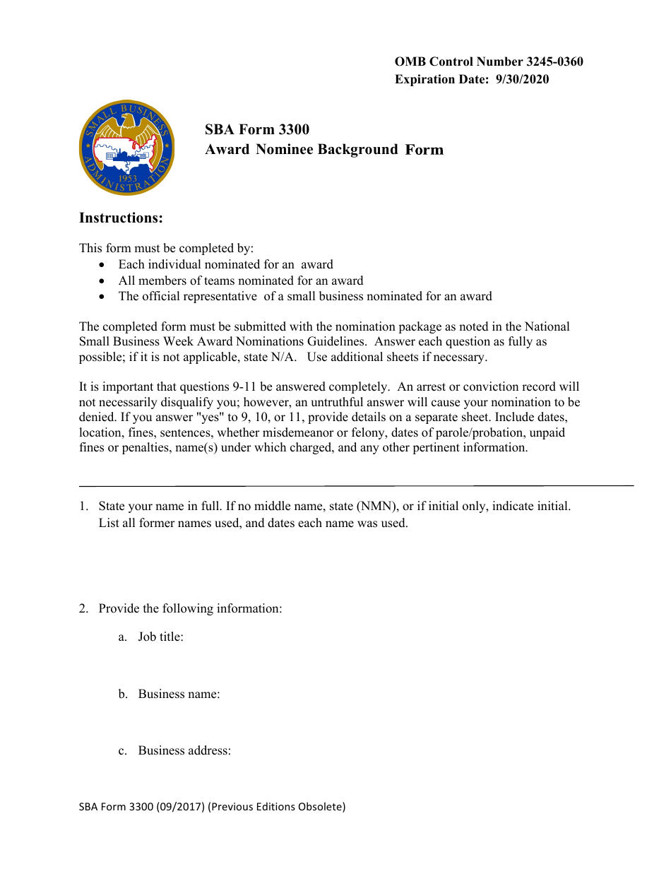 SBA Form 3300 Award Nominee Background Form, Page 1
