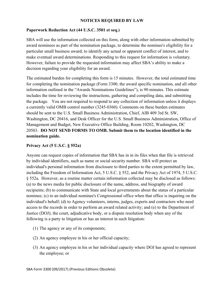 SBA Form 3300 Award Nominee Background Form, Page 5