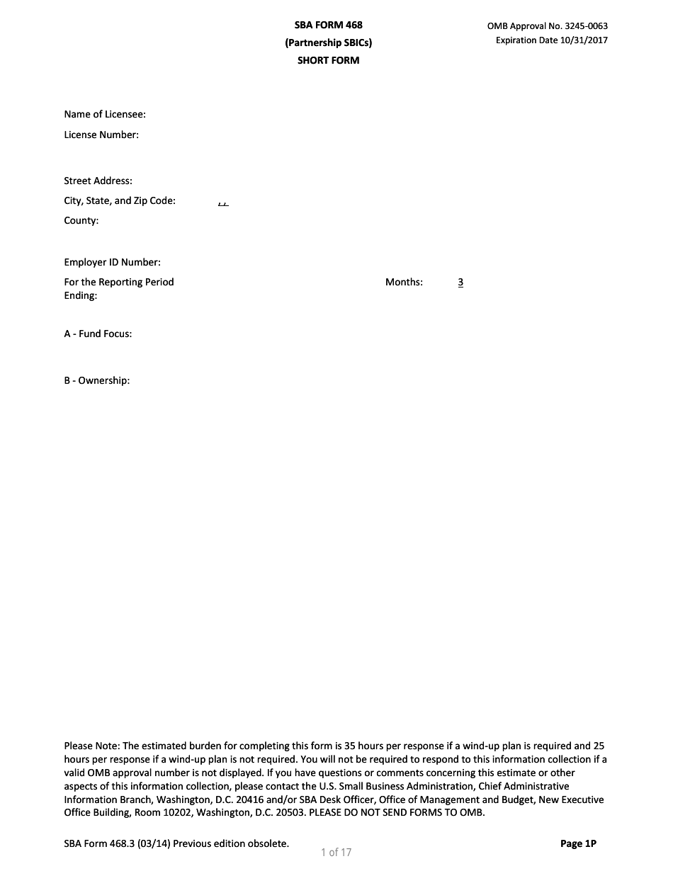 SBA Form 468.3 Partnership Quarterly Financial Report, Page 1