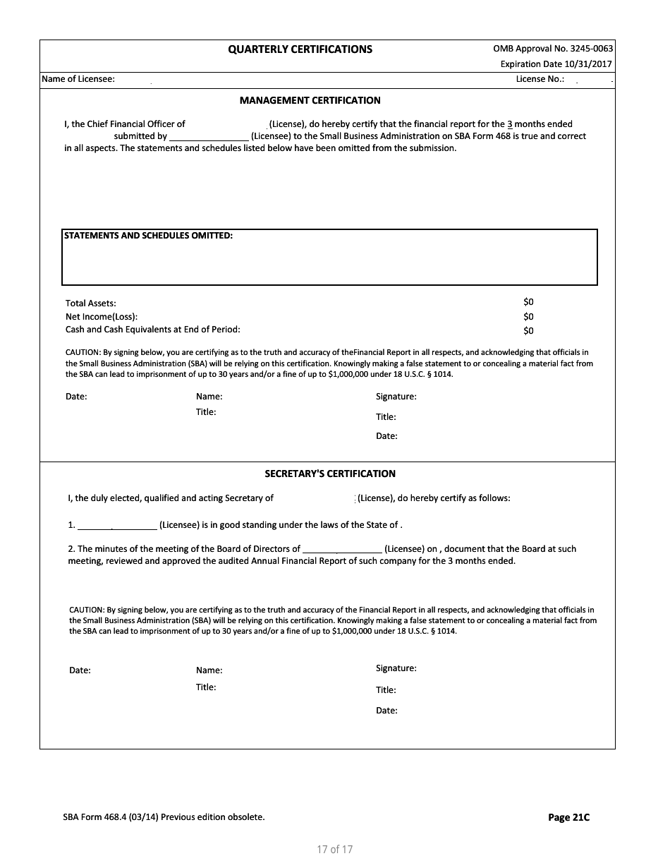 SBA Form 468.4 Corporate Quarterly Financial Report, Page 17
