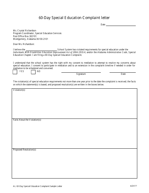 60-day Special Education Complaint Letter - Alabama Download Pdf