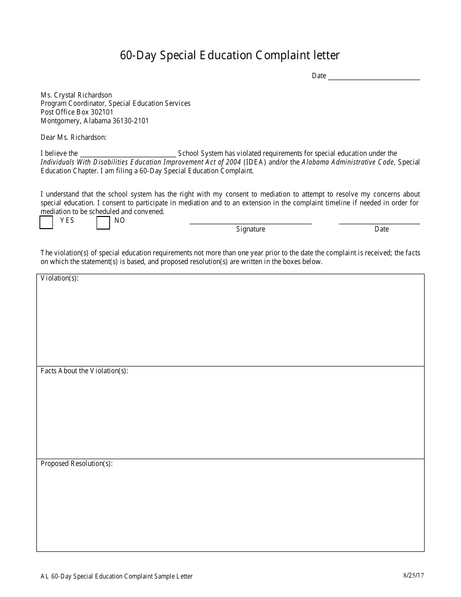 60-day Special Education Complaint Letter - Alabama, Page 1