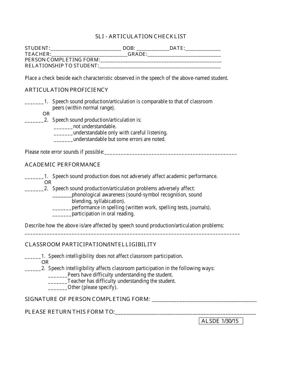 Sli - Articulation Checklist - Alabama, Page 1
