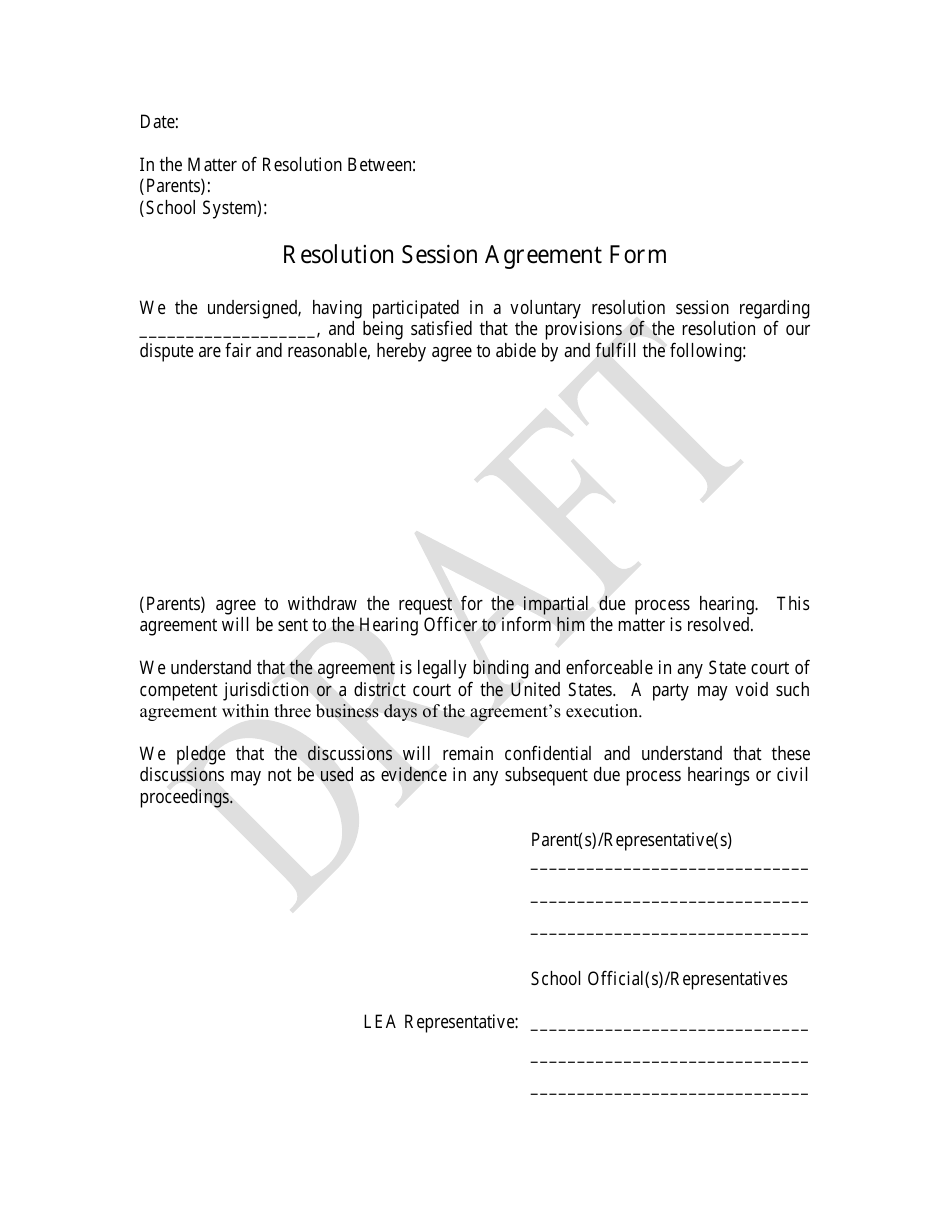 Resolution Session Agreement Form - Draft - Alabama, Page 1