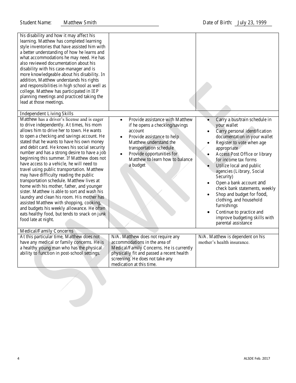 Sample Summary of Academic Achievement and Functional Performance (Saafp) - Alabama, Page 4