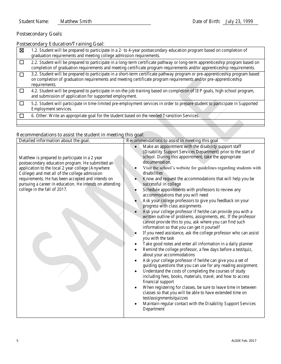 Sample Summary of Academic Achievement and Functional Performance (Saafp) - Alabama, Page 5