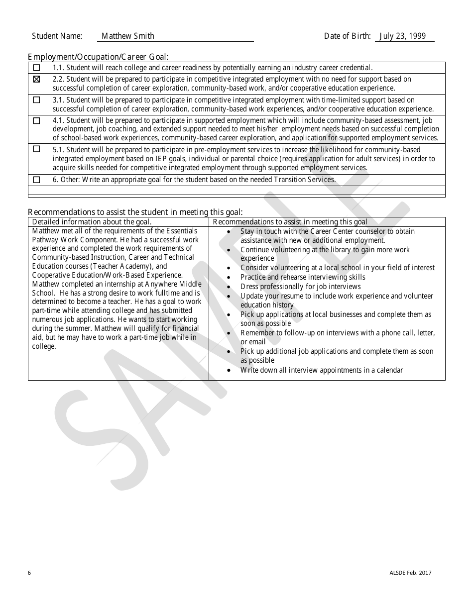 Sample Summary of Academic Achievement and Functional Performance (Saafp) - Alabama, Page 6