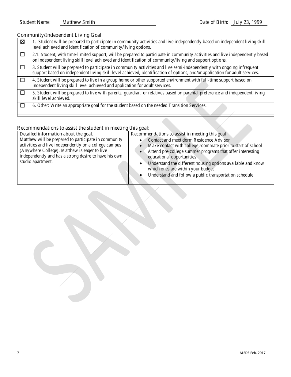 Sample Summary of Academic Achievement and Functional Performance (Saafp) - Alabama, Page 7