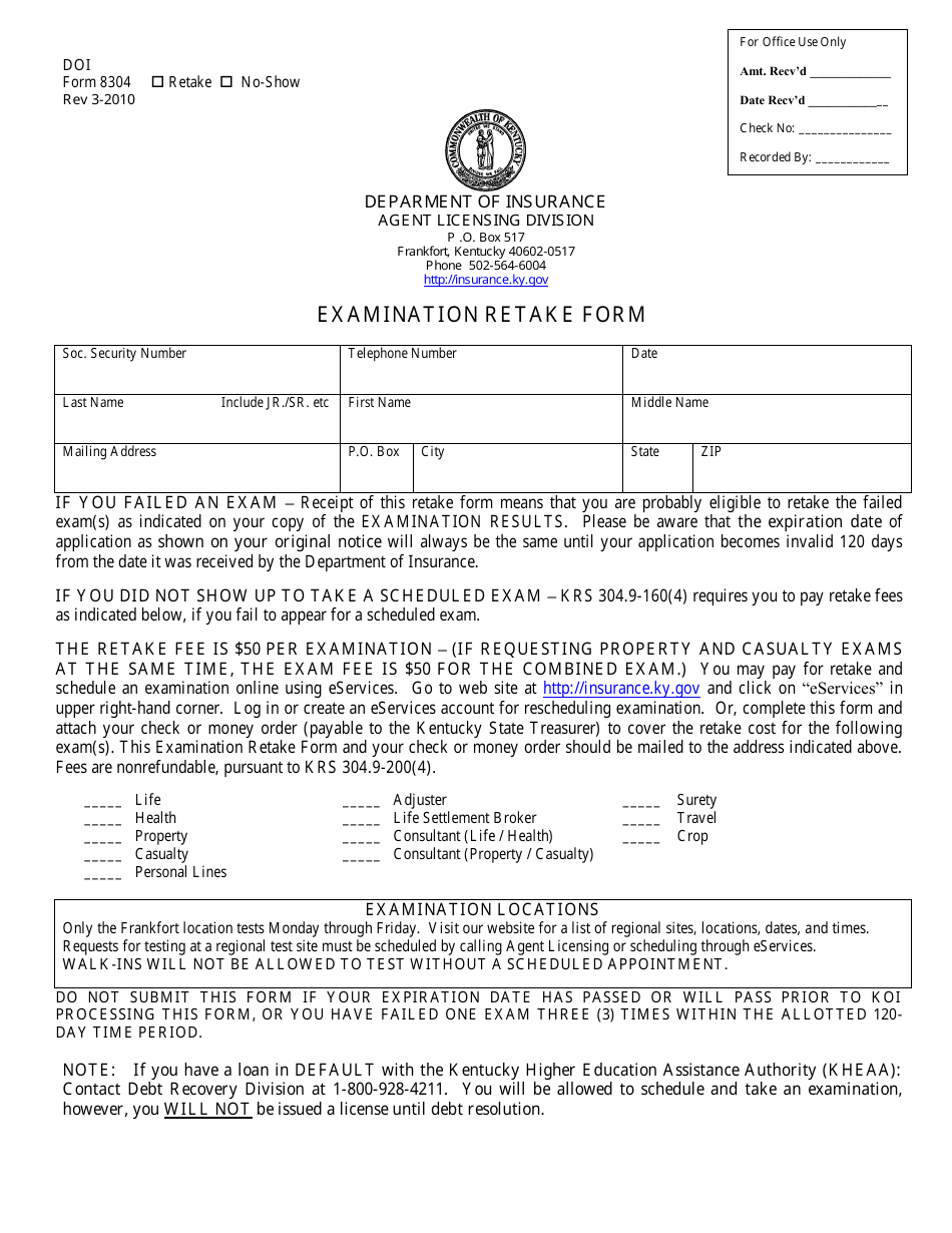 Form 8304 Examination Retake Form - Kentucky, Page 1