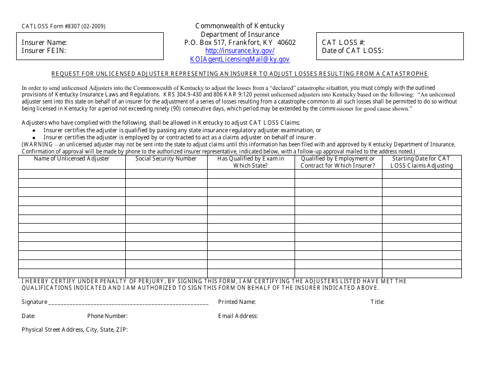 Form 8307 Request for Unlicensed Adjuster Representing an Insurer to Adjust Losses Resulting From a Catastrophe - Kentucky, Page 1