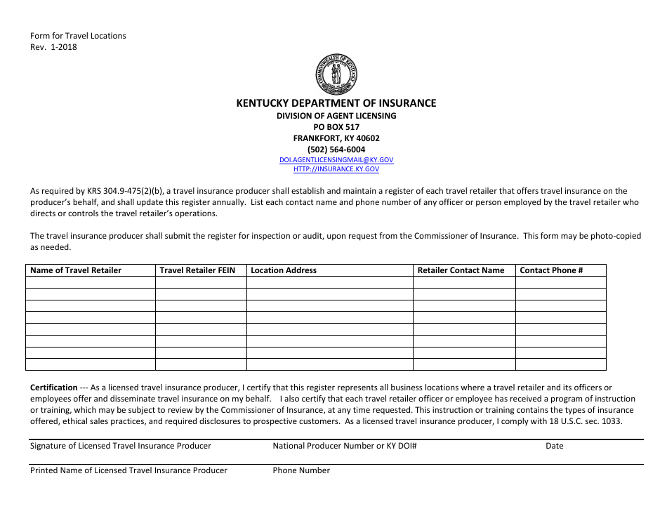 Form for Travel Locations - Kentucky, Page 1