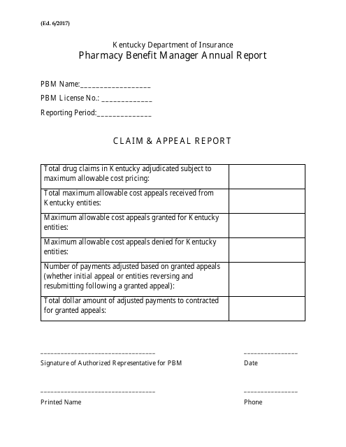 "Pharmacy Benefit Manager Annual Report Form" - Kentucky Download Pdf