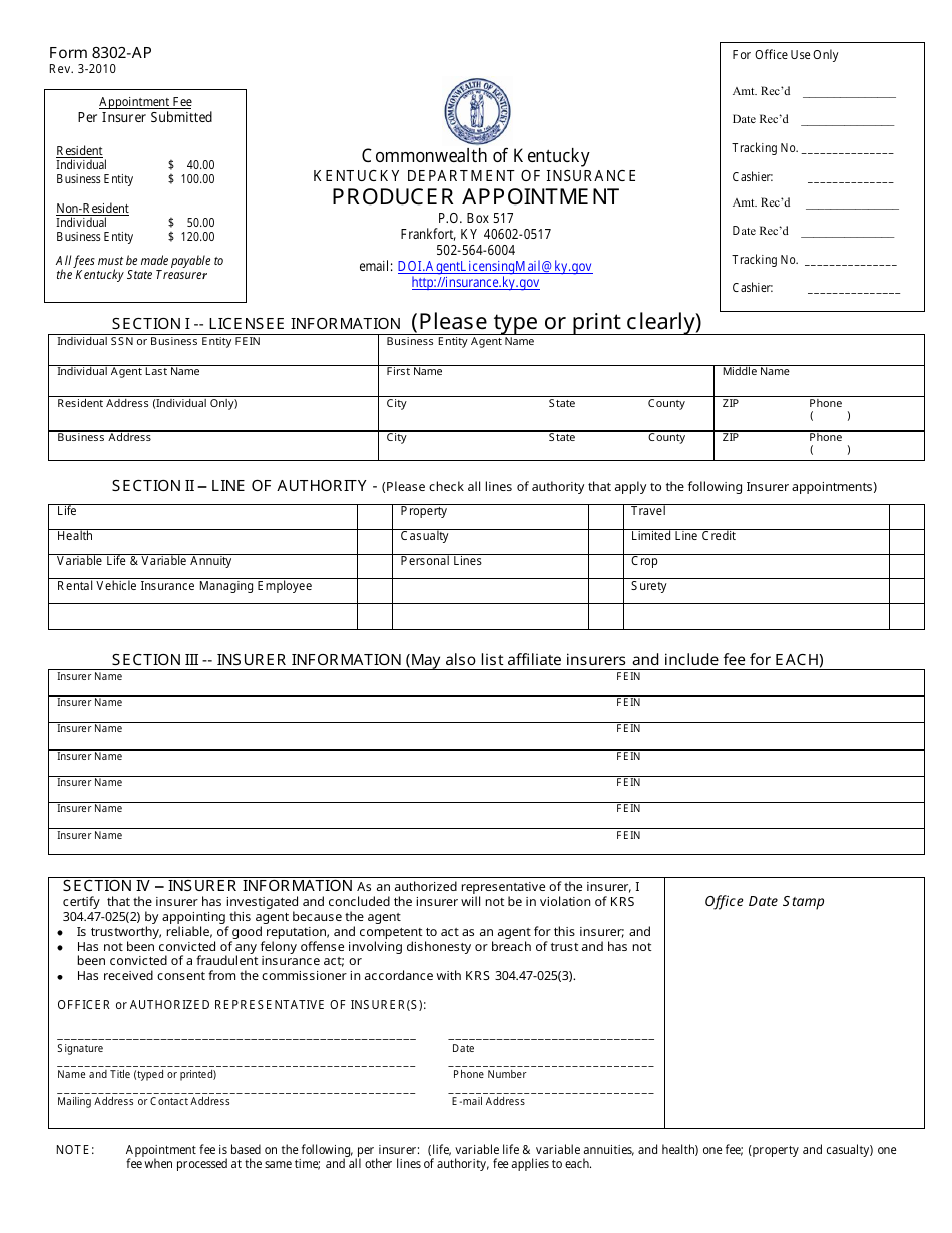 Form 8302-AP Producer Appointment - Kentucky, Page 1