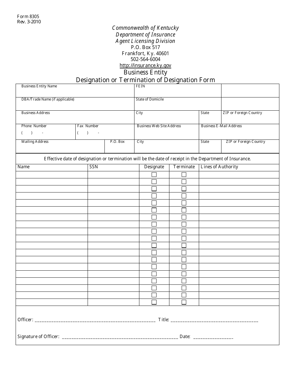 Form 8305 Business Entity Designation or Termination of Designation Form - Kentucky, Page 1