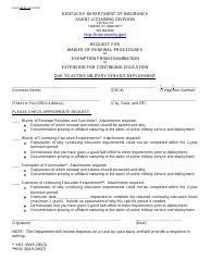 Document preview: Form MLW-01 Request for Waiver of Renewal Procedures or Exemption From Examination or Extension for Continuing Education Due to Active Military Service Deployment - Kentucky