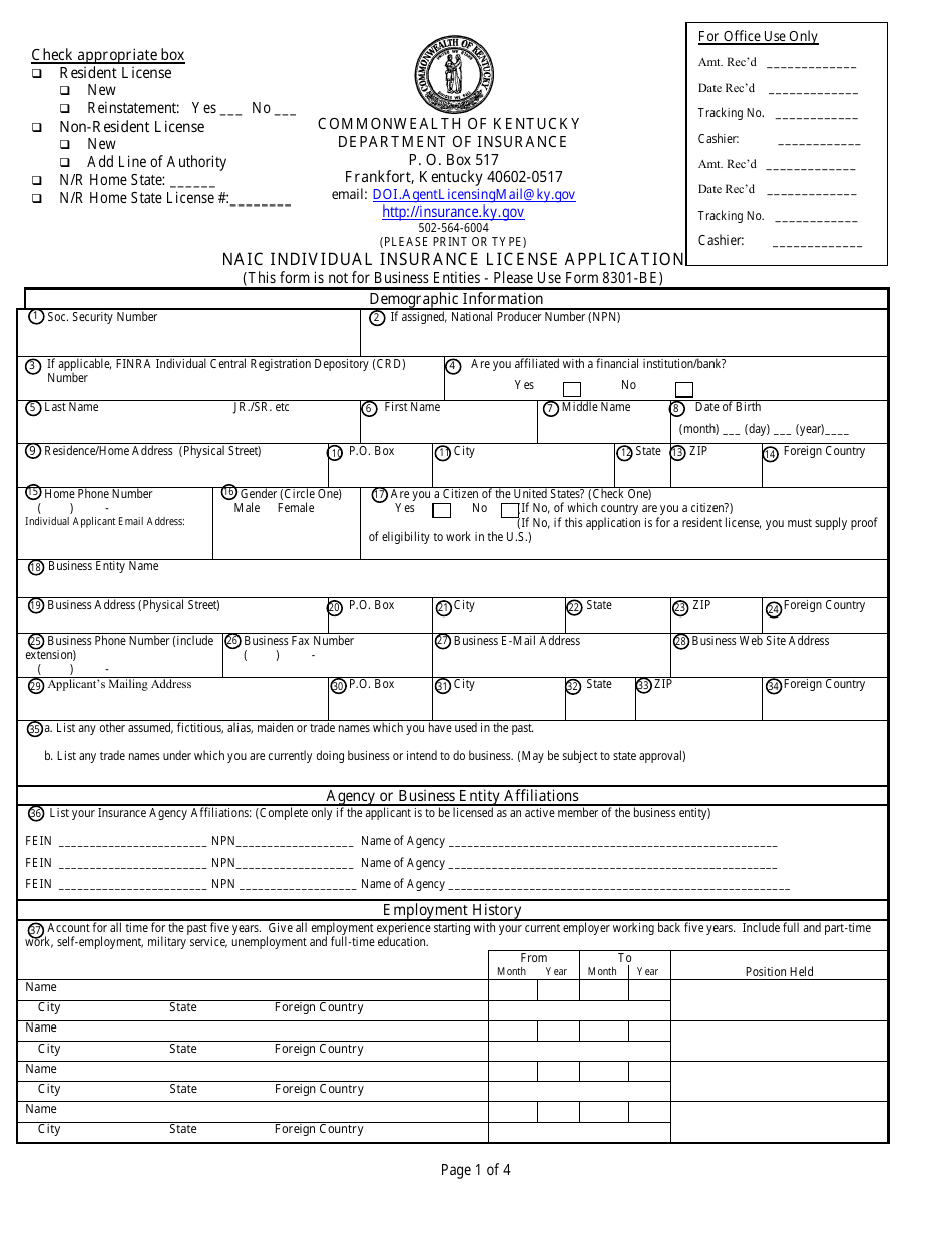 Form 8301 Naic Individual Insurance License Application - Kentucky, Page 1