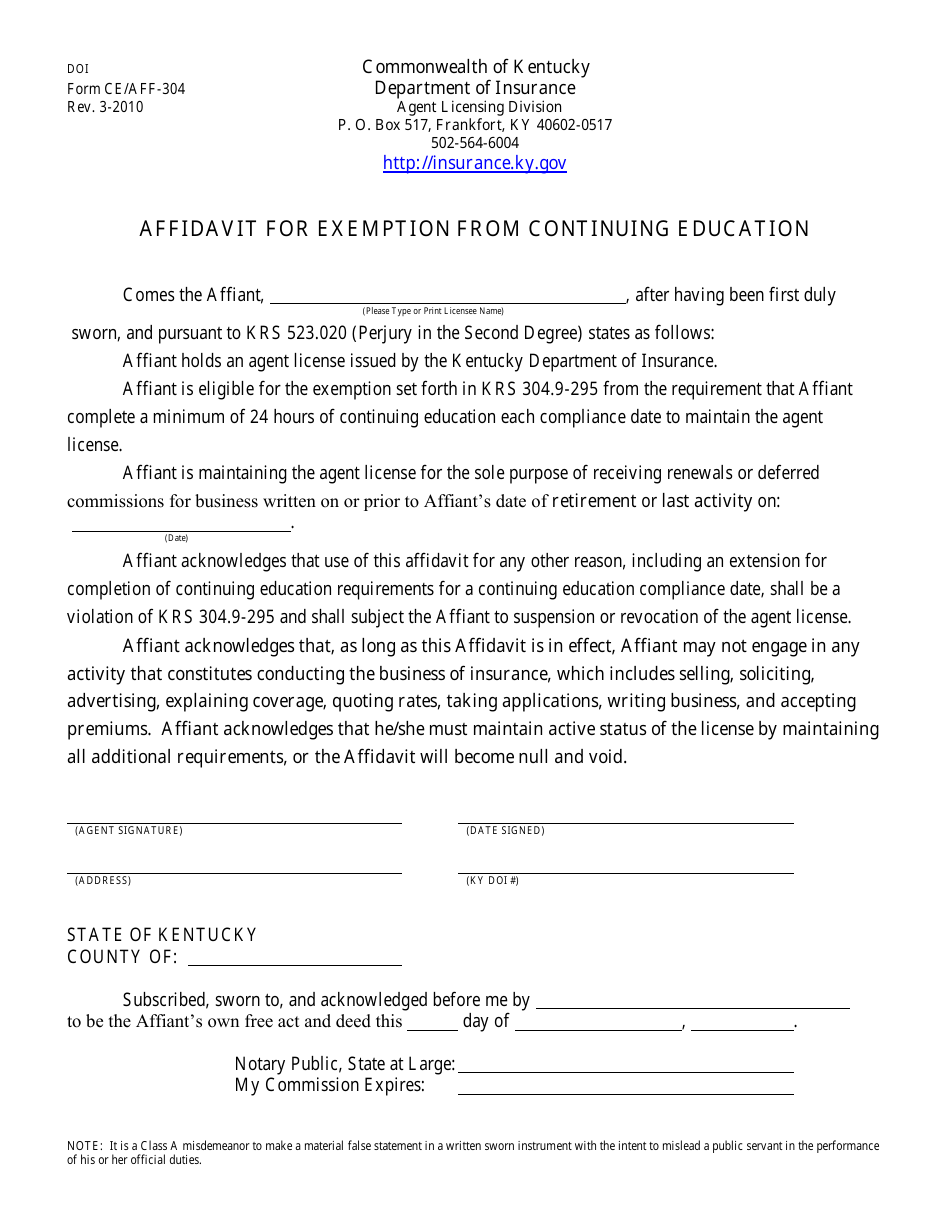 Form CE / AFF-304 Affidavit for Exemption From Continuing Education - Kentucky, Page 1