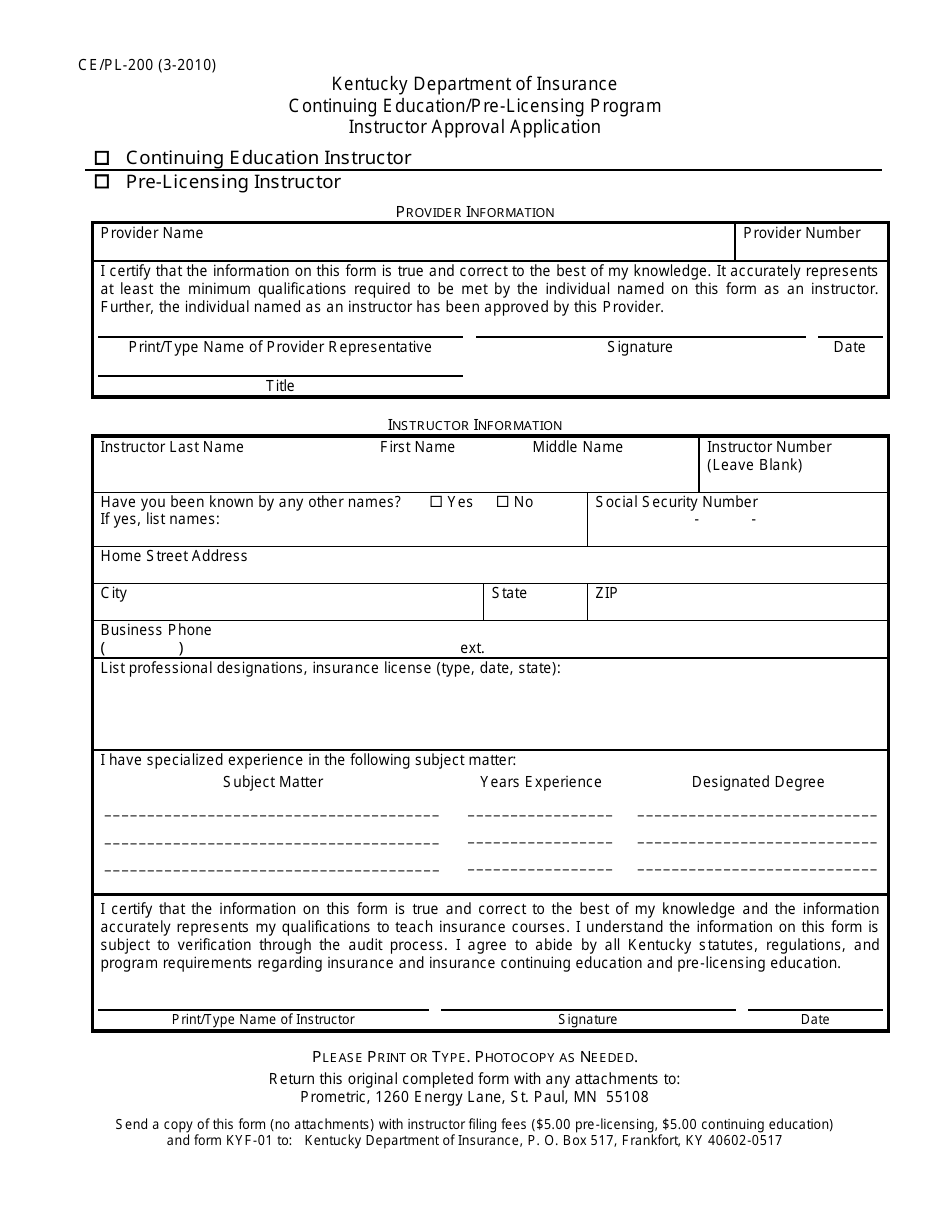 Form CE / PL-200 Instructor Approval Application - Continuing Education / Pre-licensing Program - Kentucky, Page 1