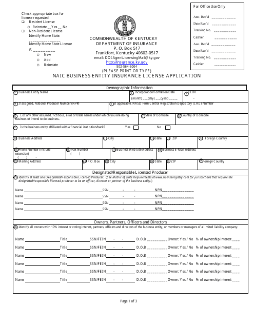 Form 8301-BE Naic Business Entity Insurance License Application - Kentucky