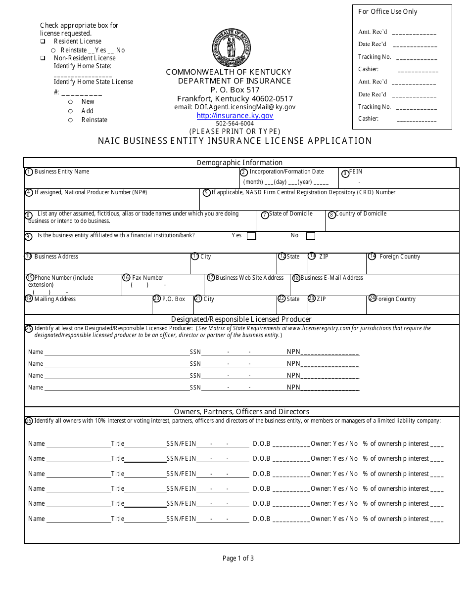 Form 8301-BE Naic Business Entity Insurance License Application - Kentucky, Page 1