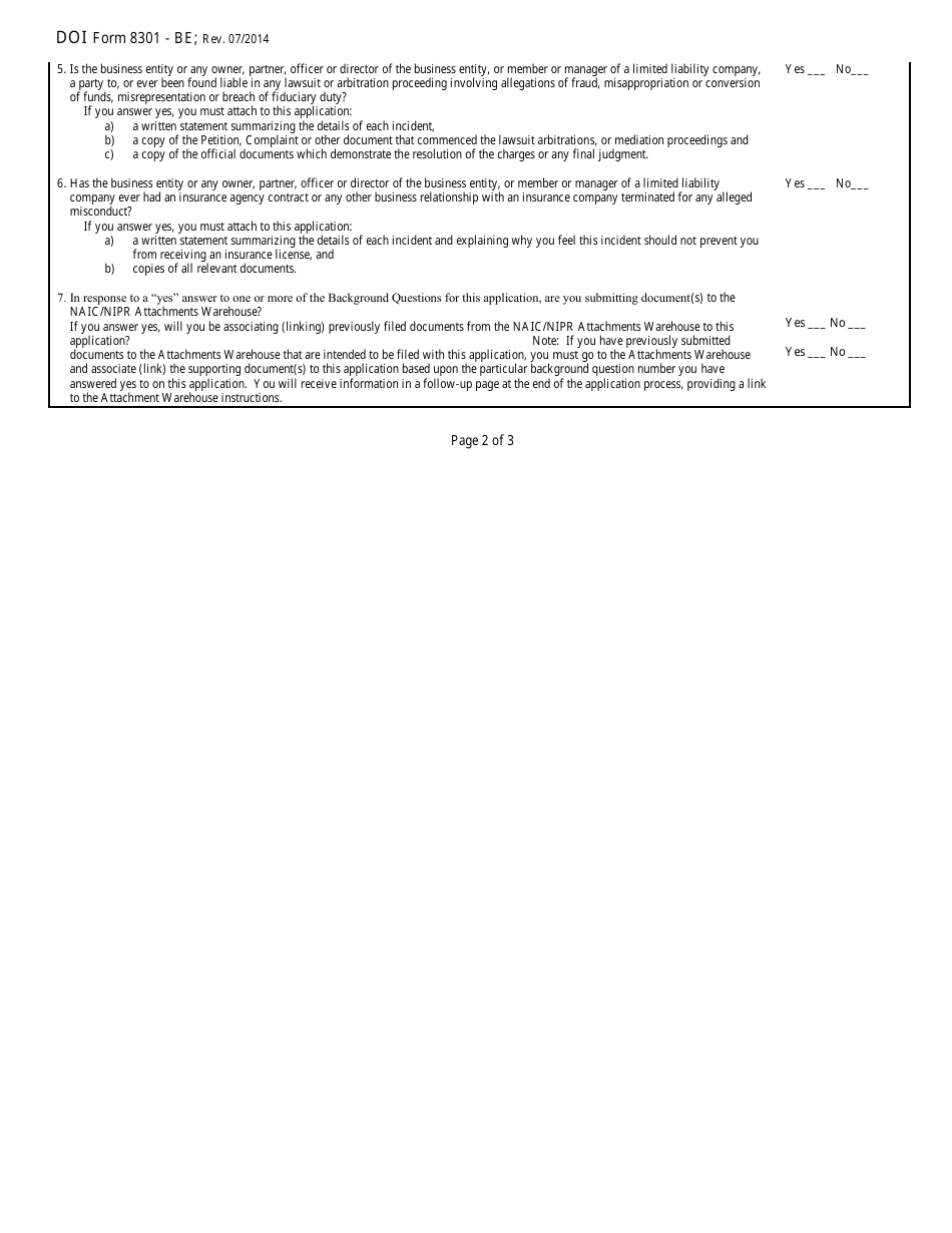 Form 8301-BE Naic Business Entity Insurance License Application - Kentucky, Page 3