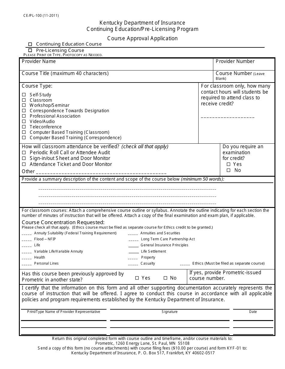 Form CE / PL-100 Course Approval Application - Continuing Education / Pre-licensing Program - Kentucky, Page 1